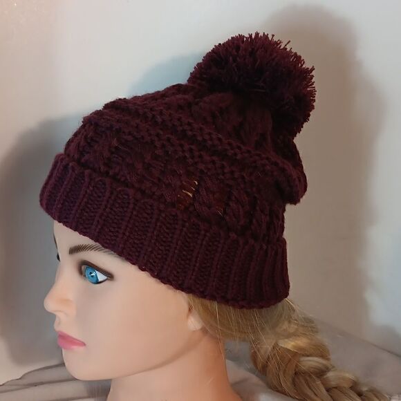Jessica Simpson Maroon Knit PomPom Beanie - Picture 5 of 5